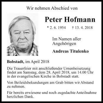 Traueranzeige von Peter Hofmann von Fränkische Nachrichten