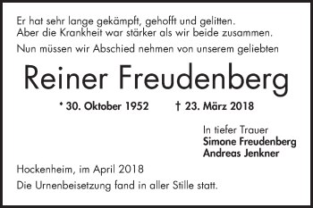 Traueranzeige von Reiner Freudenberg von Schwetzinger Zeitung