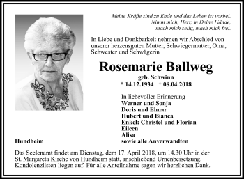 Traueranzeige von Rosemarie Ballweg von Fränkische Nachrichten