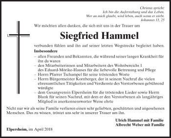 Traueranzeige von Siegfried Hammel von Fränkische Nachrichten