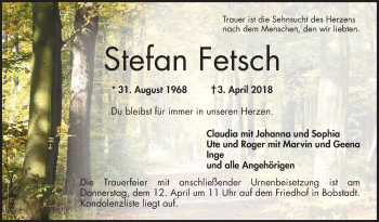 Traueranzeige von Stefan Fetsch von Südhessen Morgen