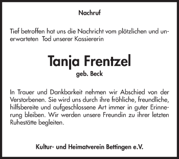 Traueranzeige von Tanja Frentzel von Fränkische Nachrichten