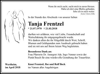 Traueranzeige von Tanja Frentzel von Fränkische Nachrichten