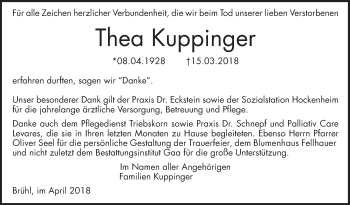 Traueranzeige von Thea Kuppinger von Schwetzinger Zeitung