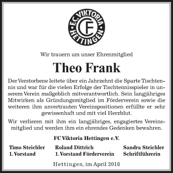 Traueranzeige von Theo Frank von Fränkische Nachrichten