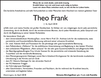 Traueranzeige von Theo Frank von Fränkische Nachrichten