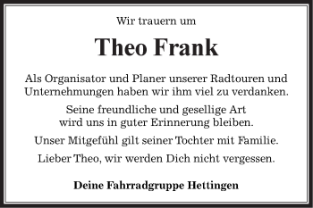 Traueranzeige von Theo Frank von Fränkische Nachrichten