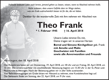 Traueranzeige von Theo Frank von Fränkische Nachrichten