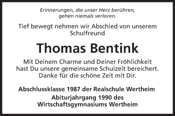 Traueranzeige von Thomas Bentink von Fränkische Nachrichten