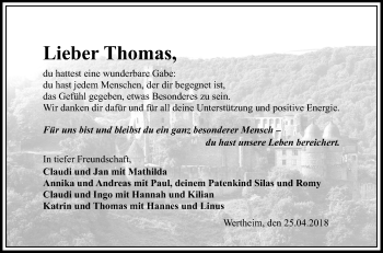 Traueranzeige von Thomas Bentink von Fränkische Nachrichten