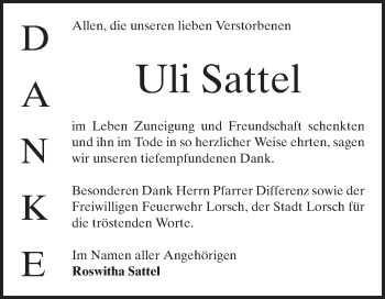 Traueranzeige von Uli Sattel von Bergsträßer Anzeiger