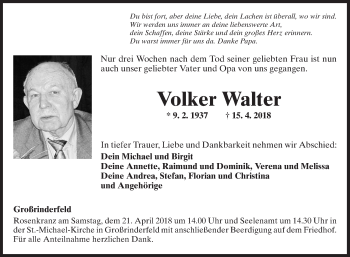 Traueranzeige von Volker Walter von Fränkische Nachrichten