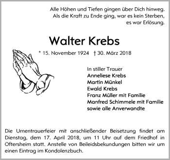 Traueranzeige von Walter Krebs von Schwetzinger Zeitung