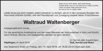 Traueranzeige von Waltraud Waltenberger von Fränkische Nachrichten