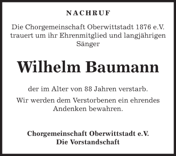 Traueranzeige von Wilhelm Baumann von Fränkische Nachrichten