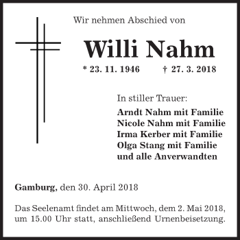 Traueranzeige von Willi Nahm von Fränkische Nachrichten