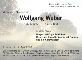 Traueranzeige von Wolfgang Weber von Fränkische Nachrichten