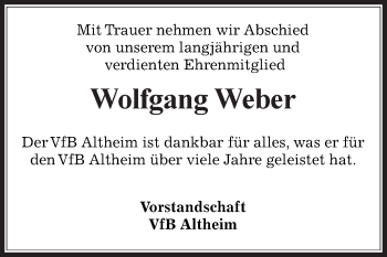 Traueranzeige von Wolfgang Weber von Fränkische Nachrichten