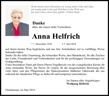 Traueranzeige von Anna Helfrich von Bergsträßer Anzeiger