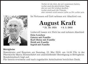 Traueranzeige von August Kraft von Fränkische Nachrichten