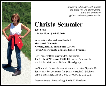 Traueranzeige von Christa Semmler von Fränkische Nachrichten