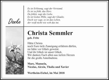 Traueranzeige von Christa Semmler von Fränkische Nachrichten