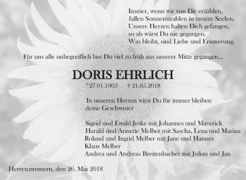Traueranzeige von Doris Ehrlich von Fränkische Nachrichten