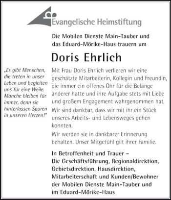 Traueranzeige von Doris Ehrlich von Fränkische Nachrichten