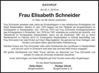 Traueranzeige von Elisabeth Schneider von Fränkische Nachrichten