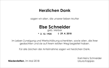 Traueranzeige von Else Schneider von Fränkische Nachrichten