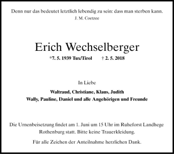 Traueranzeige von Erich Wechselberger von Fränkische Nachrichten