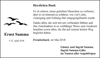 Traueranzeige von Ernst Summa von Fränkische Nachrichten