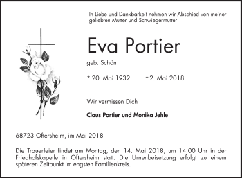 Traueranzeige von Eva Portier von Schwetzinger Zeitung