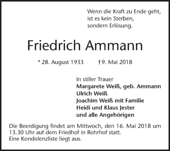 Traueranzeige von Friedrich Ammann von Mannheimer Morgen