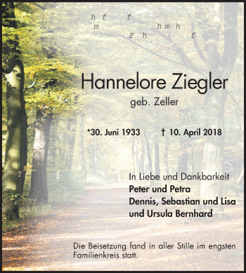 Traueranzeige von Hannelore Ziegler von Mannheimer Morgen