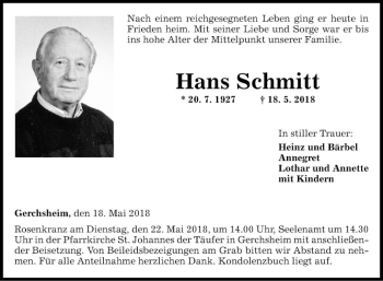 Traueranzeige von Hans Schmitt von Fränkische Nachrichten