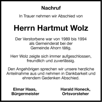 Traueranzeige von Hartmut Wolz von Fränkische Nachrichten