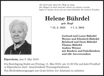 Traueranzeige von Helene Bührdel von Fränkische Nachrichten