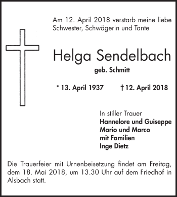 Traueranzeige von Helga Sendelbach von Bergsträßer Anzeiger