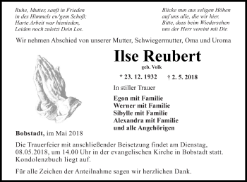 Traueranzeige von Ilse Reubert von Fränkische Nachrichten