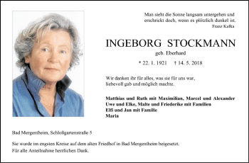 Traueranzeige von Ingeborg Stockmann von Fränkische Nachrichten