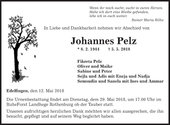 Traueranzeige von Johannes Pelz von Fränkische Nachrichten