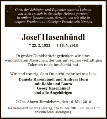 Traueranzeige von Josef Hasenhündl von Fränkische Nachrichten