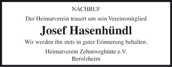 Traueranzeige von Josef Hasenhündl von Fränkische Nachrichten