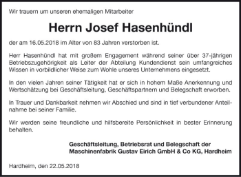 Traueranzeige von Josef Hasenhündl von Fränkische Nachrichten