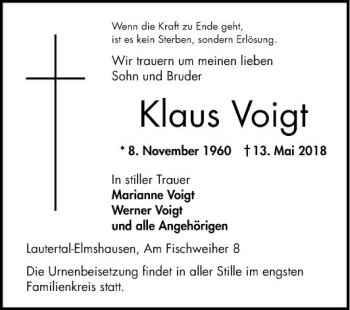 Traueranzeige von Klaus Voigt von Bergsträßer Anzeiger