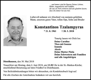 Traueranzeige von Konstantinos Tzalampyras von Fränkische Nachrichten