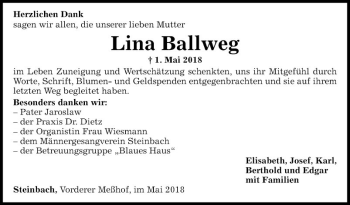 Traueranzeige von Lina Ballweg von Fränkische Nachrichten