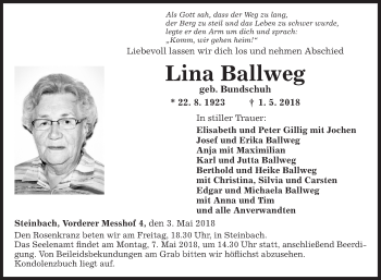 Traueranzeige von Lina Ballweg von Fränkische Nachrichten