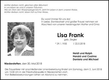 Traueranzeige von Lisa Frank von Fränkische Nachrichten